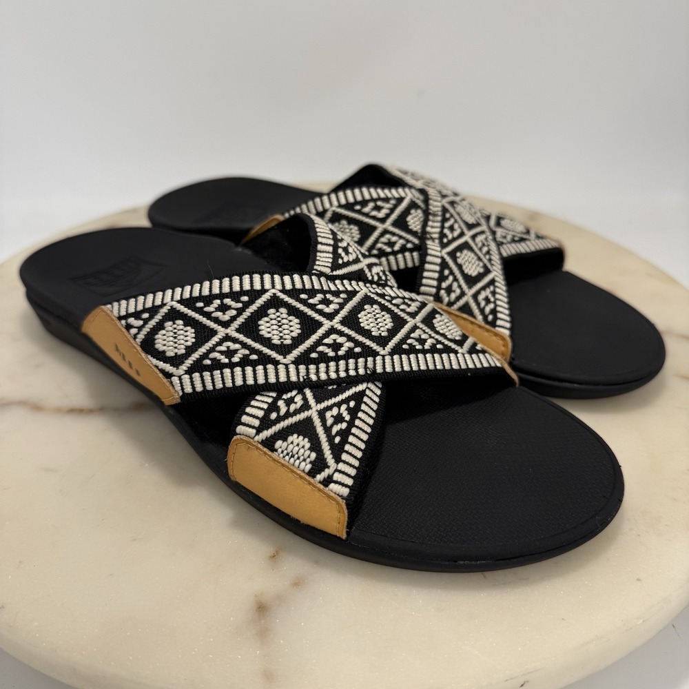 REEF Women's Ortho X Slide Woven Black White Criss Cross Strap Sandals Size 8